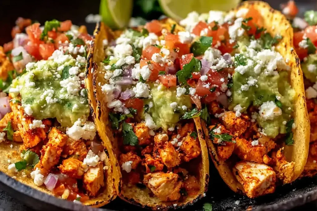 Chicken Street Tacos topped with guacamole, pico de gallo, cotija cheese, and cilantro in charred corn tortillas