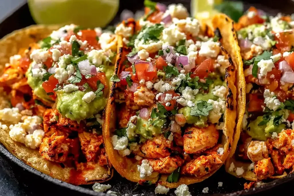 Chicken Street Tacos loaded with grilled chicken, guacamole, pico de gallo, cilantro, and cotija cheese on charred corn tortillas