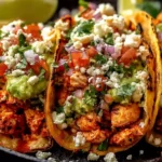 Chicken Street Tacos loaded with grilled chicken, guacamole, pico de gallo, cilantro, and cotija cheese on charred corn tortillas