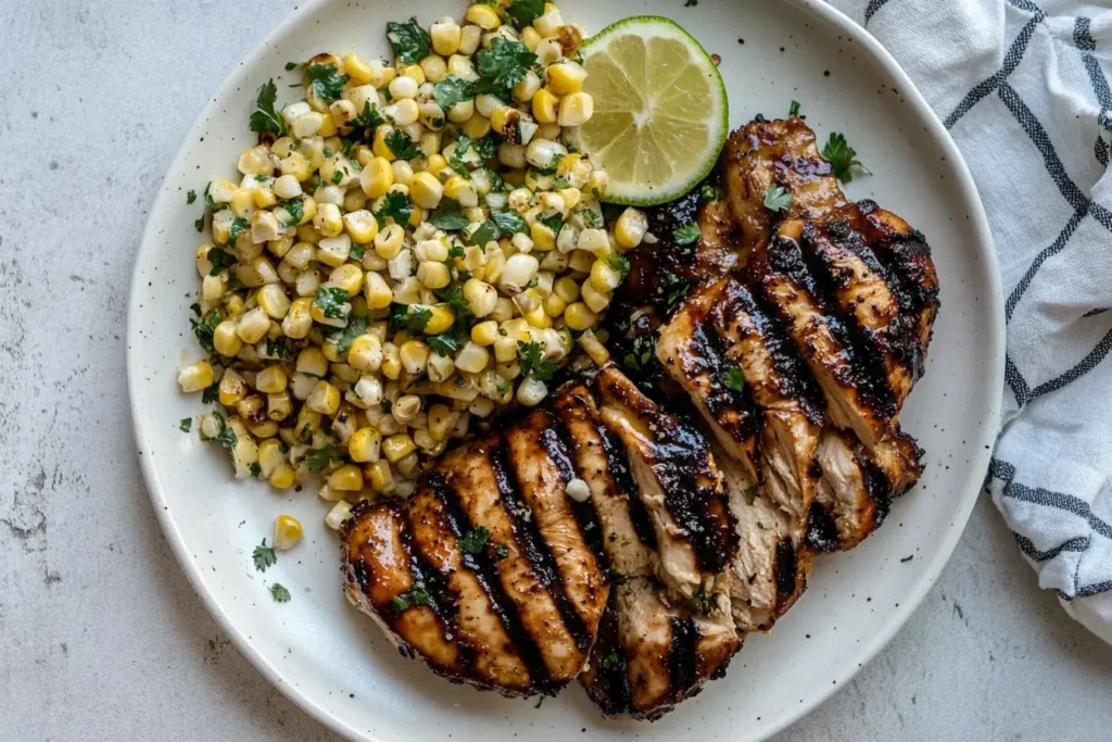 Sliced Grilled Hot Honey Chicken with sweet corn salad and a lime wedge on a white plate.