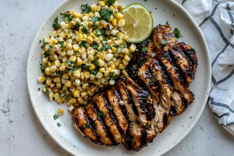 Sliced Grilled Hot Honey Chicken with sweet corn salad and a lime wedge on a white plate.