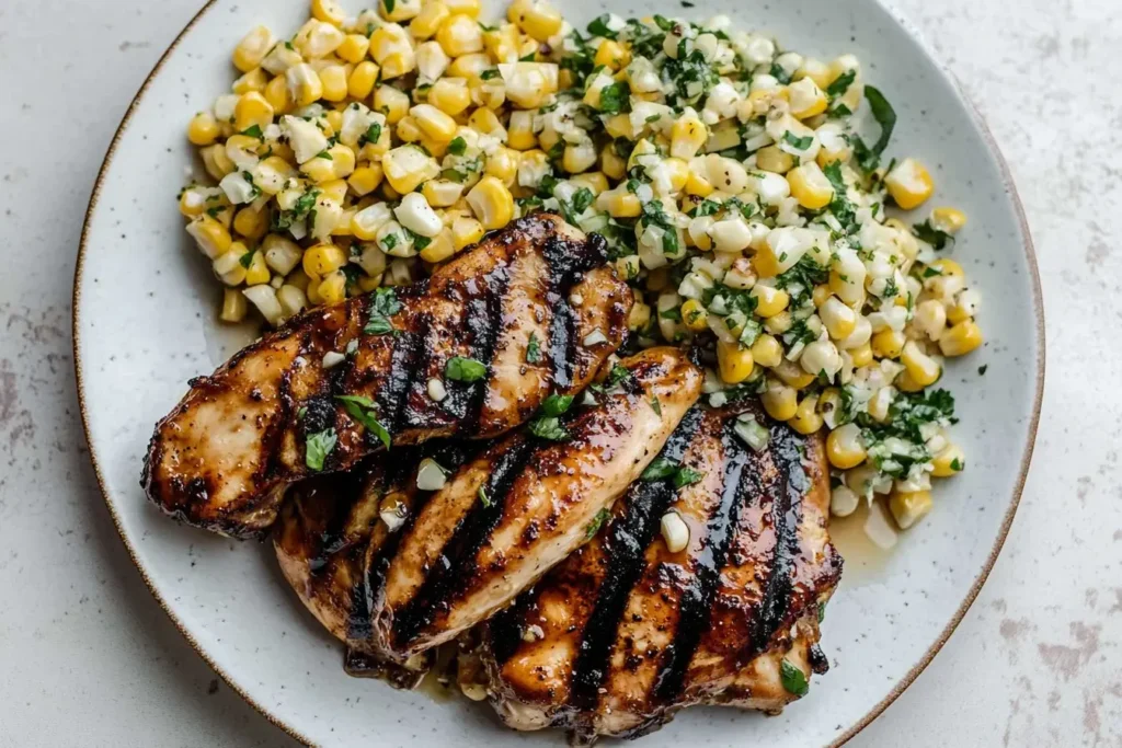 Grilled Hot Honey Chicken with sweet corn salad on a white plate, garnished with fresh herbs.