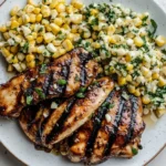 Grilled Hot Honey Chicken with sweet corn salad on a white plate, garnished with fresh herbs.