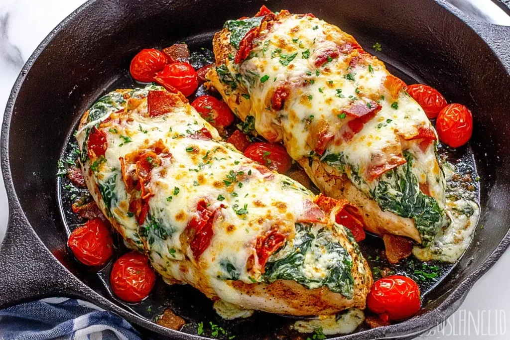Spinach Stuffed Chicken Breast with crispy bacon, melted cheese, and roasted cherry tomatoes in a cast iron skillet.