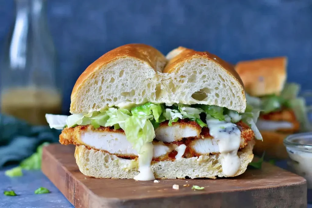 Crispy Chicken Caesar Sandwich layered with lettuce, crispy chicken cutlet, and creamy Caesar dressing inside a crusty baguette.