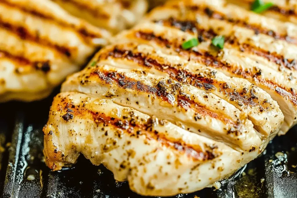 Grilled Greek marinated chicken breast with golden char marks and herb seasoning on a hot grill pan.