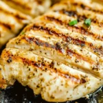 Grilled Greek marinated chicken breast with golden char marks and herb seasoning on a hot grill pan.