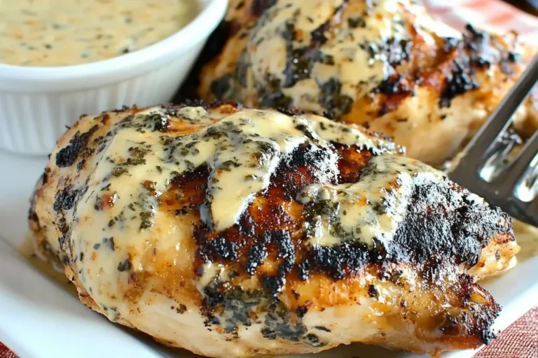 Grilled White Barbecue Chicken breasts topped with creamy white sauce