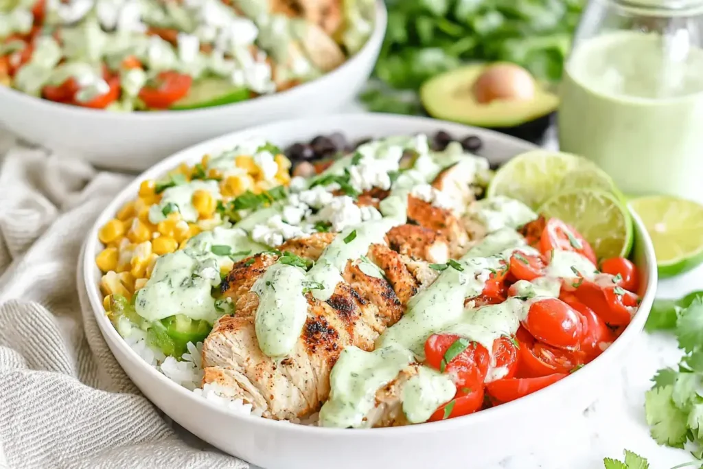 Baja Chicken Bowls with grilled chicken, corn, tomatoes, and creamy cilantro sauce in a white bowl