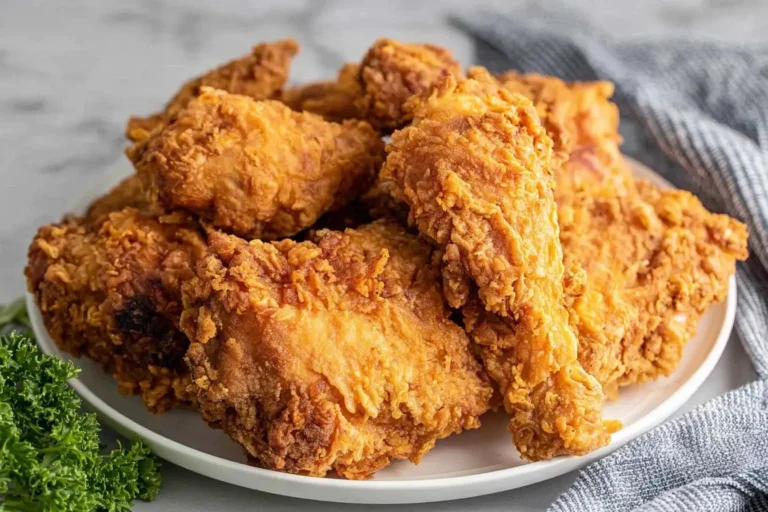 Crispy golden Kentucky Fried Chicken piled on a white plate