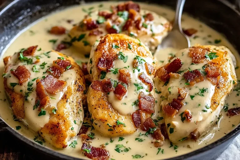 Stovetop Smothered Chicken topped with crispy bacon in a creamy gravy sauce, served in a black skillet.