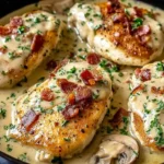 Stovetop Smothered Chicken in creamy gravy topped with crispy bacon and fresh parsley in a cast iron skillet.