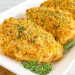 Crispy Baked Ranch Chicken with golden cornflake crust on a white platter, garnished with fresh herbs