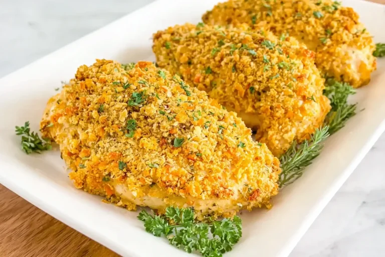Crispy Baked Ranch Chicken with golden cornflake crust on a white platter, garnished with fresh herbs