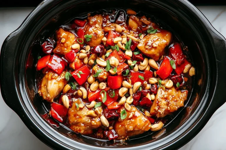 Slow-cooked Crockpot Kung Pao Chicken with bell peppers, peanuts, and a glossy savory-sweet sauce in a black crockpot.