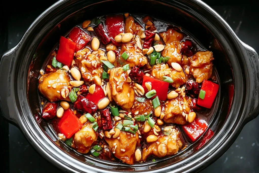 Flavorful Crockpot Kung Pao Chicken with red bell peppers, peanuts, green onions, and a rich spicy sauce in a black slow cooker.