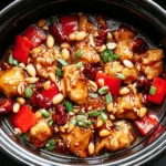 Flavorful Crockpot Kung Pao Chicken with red bell peppers, peanuts, green onions, and a rich spicy sauce in a black slow cooker.