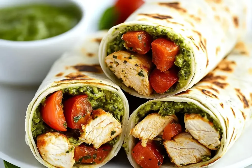 Bruschetta Chicken Pesto Wraps Recipe with grilled chicken, fresh tomatoes, and basil pesto wrapped in warm tortillas.