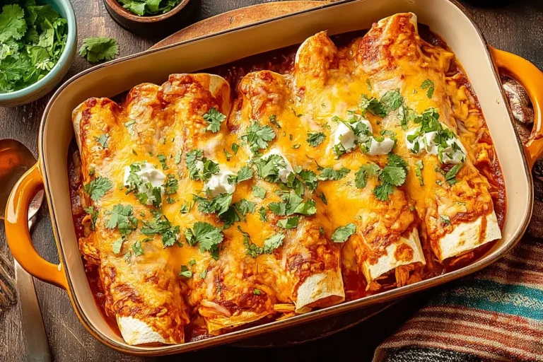 Baked High Protein Creamy Chilli Chicken Enchiladas topped with melted cheese, sour cream, and fresh cilantro in a casserole dish.