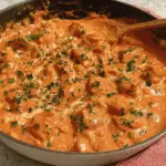 Creamy Chicken Paprikash simmering in a skillet, topped with fresh parsley