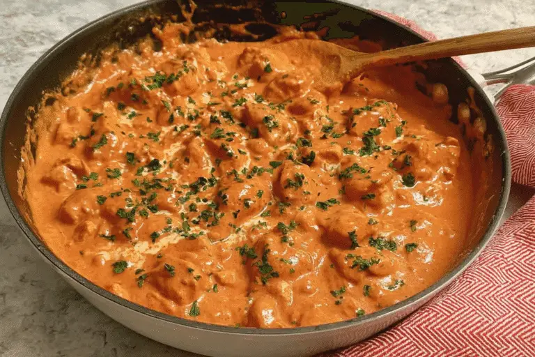 Creamy Chicken Paprikash simmering in a skillet, topped with fresh parsley