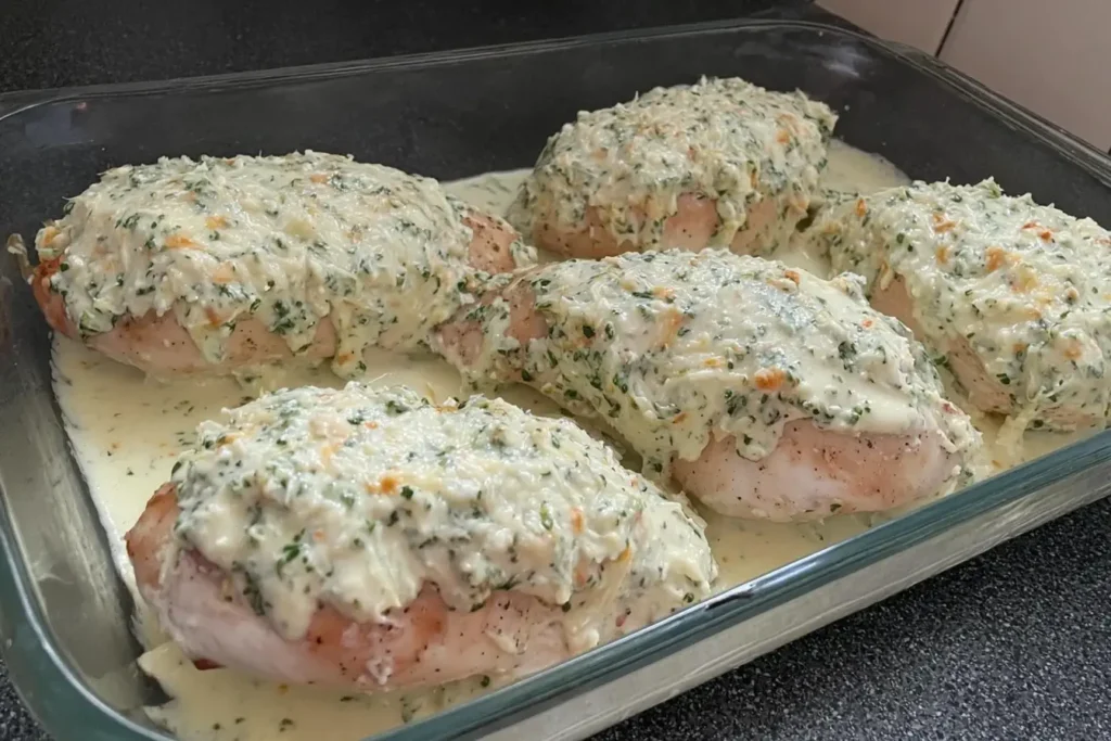 Melt In Your Mouth Chicken Breast topped with creamy Parmesan herb sauce before baking