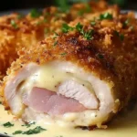 Crispy creamy chicken cordon bleu with melted cheese and ham center, served over rich Dijon sauce