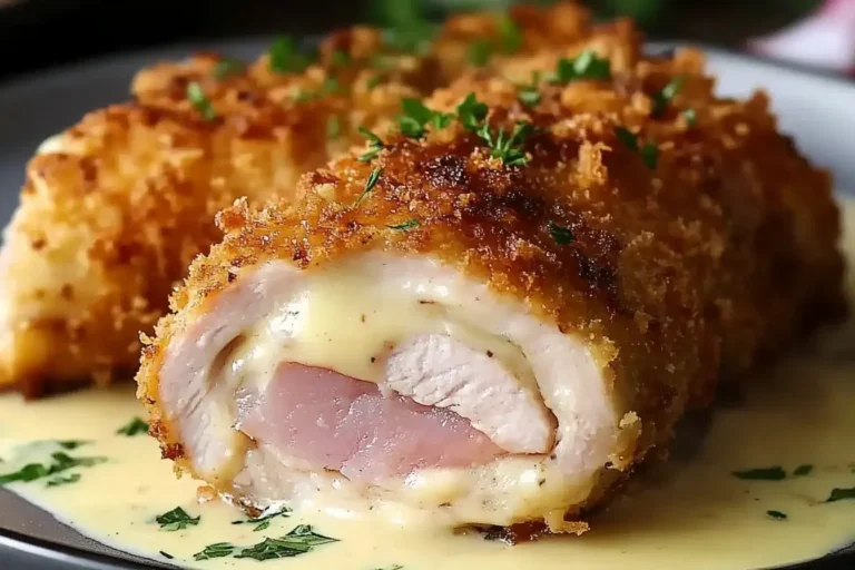 Crispy creamy chicken cordon bleu with melted cheese and ham center, served over rich Dijon sauce