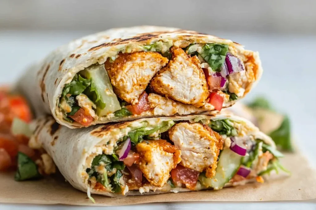 Close-up of an Easy Honey Mustard Chicken Wrap filled with crispy chicken, fresh veggies, and a creamy honey mustard sauce.