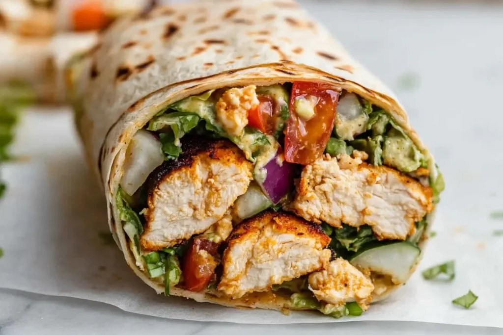 Close-up of an Easy Honey Mustard Chicken Wrap filled with grilled chicken, fresh vegetables, and creamy honey mustard dressing.