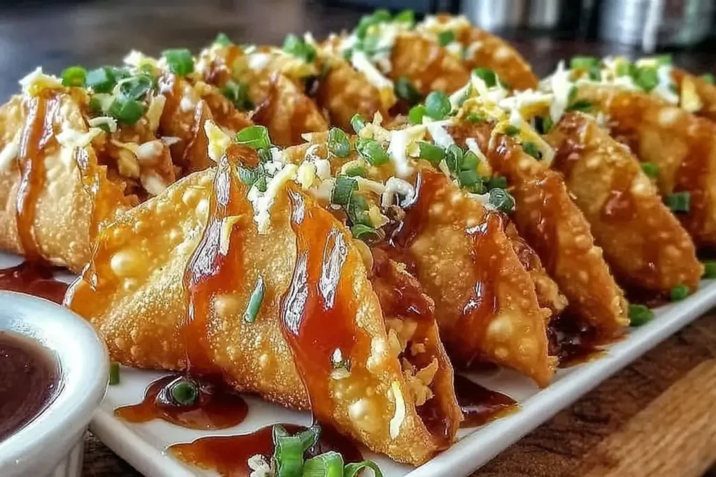 Applebee’s Chicken Wonton Tacos with crispy golden shells, sweet sauce drizzle, shredded cheese, and green onions on a white serving plate.