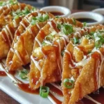 Crispy Applebee’s Chicken Wonton Tacos filled with savory chicken, drizzled with sauces, and topped with fresh green onions.