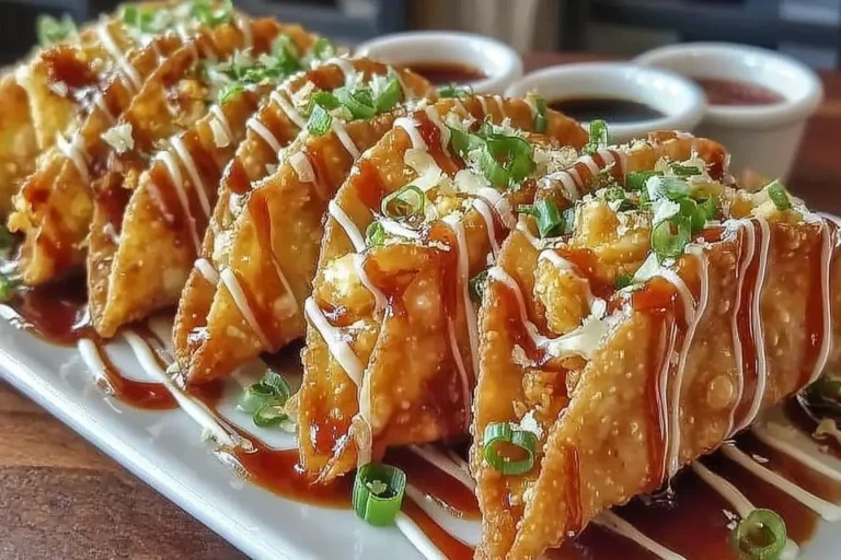 Crispy Applebee’s Chicken Wonton Tacos filled with savory chicken, drizzled with sauces, and topped with fresh green onions.