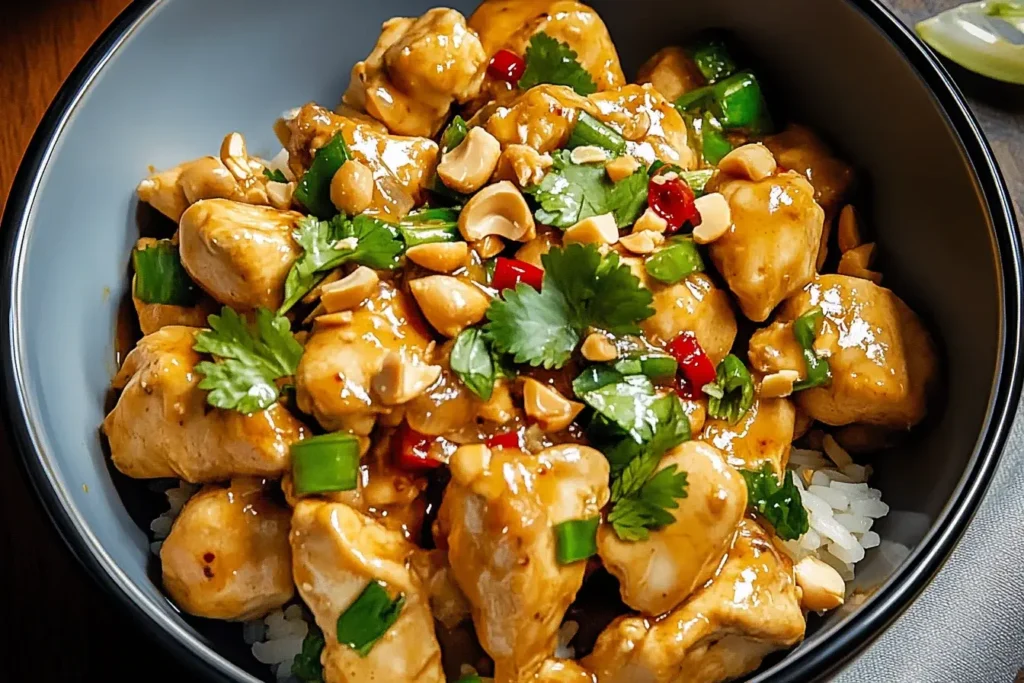Close-up of Thai Peanut Chicken Stir-Fry with chopped peanuts, fresh cilantro, and chili over white rice in a dark bowl.