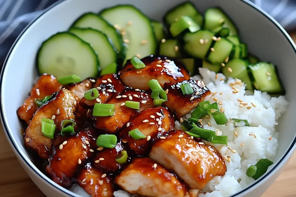 Sticky Honey Gochujang Chicken served with rice and cucumbers in a bowl, topped with green onions and sesame seeds.