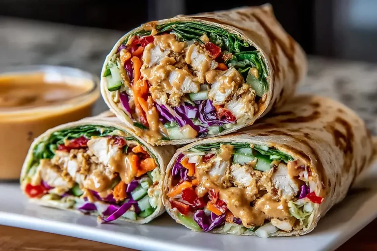 Thai Peanut Chicken Wraps sliced open showing colorful veggies, tender chicken, and creamy peanut sauce on a white plate