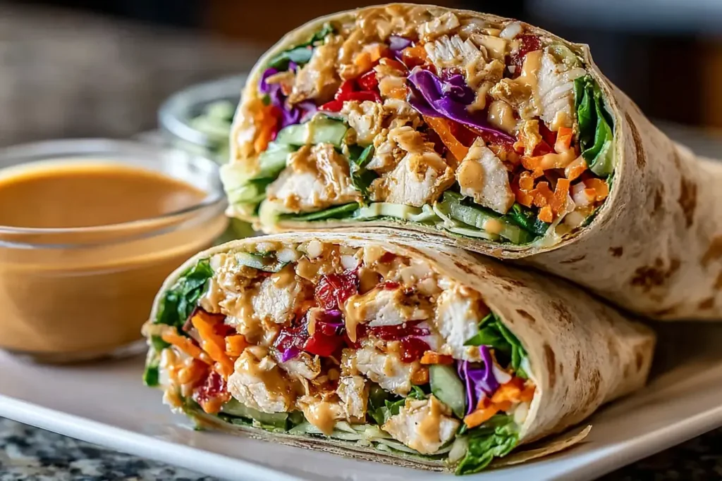 Thai Peanut Chicken Wraps filled with colorful veggies, tender chicken, and creamy peanut sauce on a white plate.