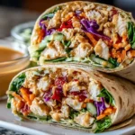 Thai Peanut Chicken Wraps filled with colorful veggies, tender chicken, and creamy peanut sauce on a white plate.