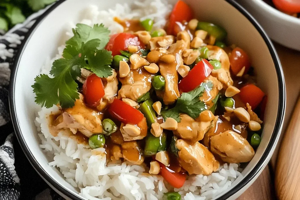 Bowl of Thai Peanut Chicken Stir-Fry served over steamed white rice with chopped peanuts, bell peppers, and fresh cilantro.