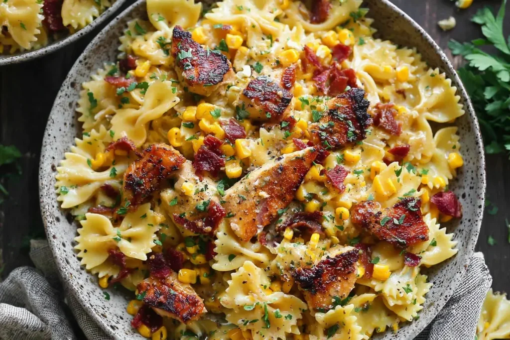 Creamy Chicken and Corn Pasta served in a rustic bowl with grilled chicken, crispy bacon, corn, and farfalle pasta in a creamy sauce.
