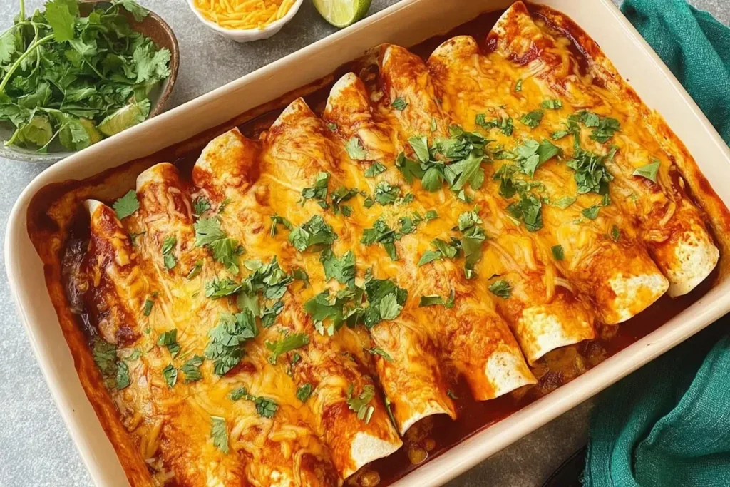High Protein Creamy Chilli Chicken Enchiladas fresh from the oven, topped with melted cheese and chopped cilantro.