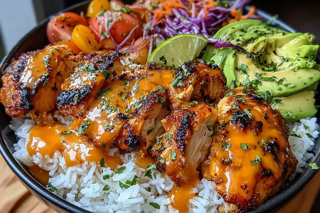 Spicy Maple Chicken and Coconut Rice bowl with grilled chicken, avocado, lime, and colorful veggies.
