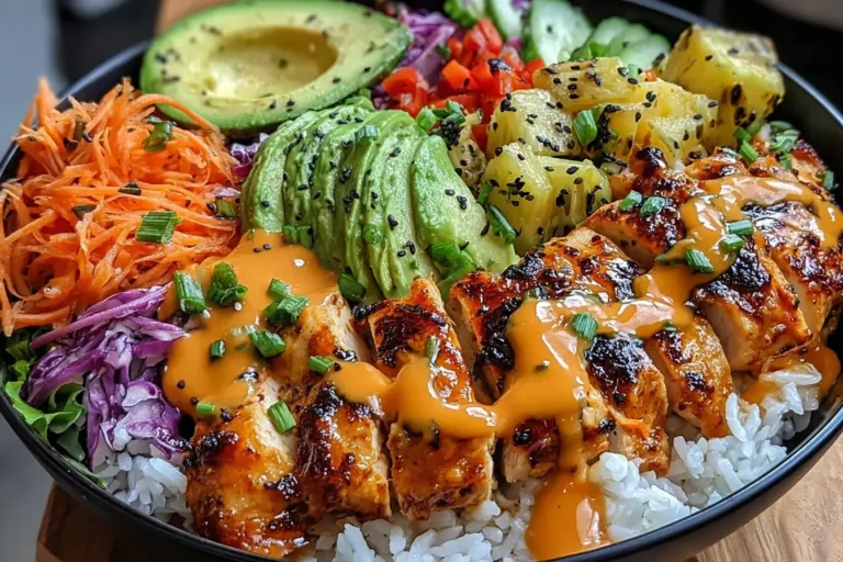 Grilled Spicy Maple Chicken and Coconut Rice bowl topped with avocado, vegetables, pineapple, and spicy drizzle.