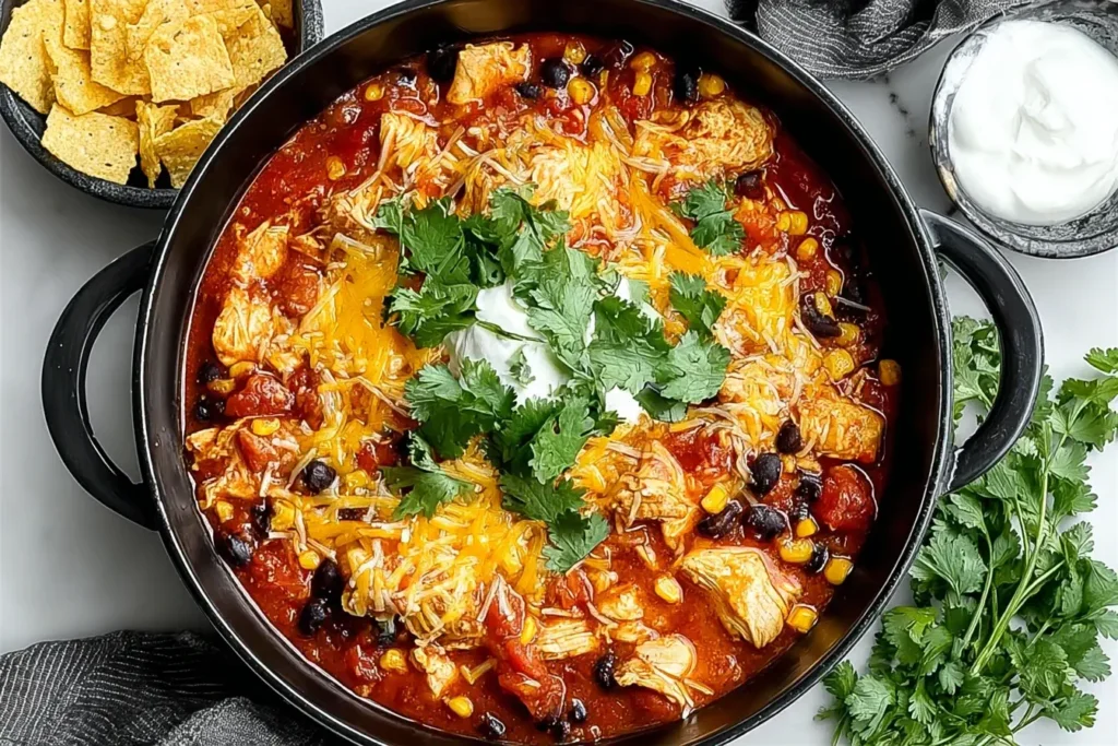 Pioneer Woman Mexican Chicken Casserole with shredded cheese, black beans, corn, and fresh cilantro in a black skillet.