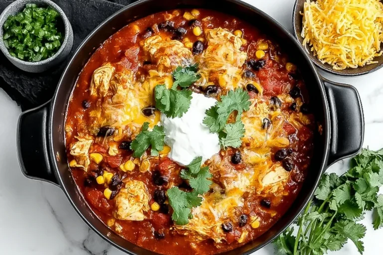 Pioneer Woman Mexican Chicken Casserole with melted cheese, black beans, corn, and fresh cilantro served in a black pot.
