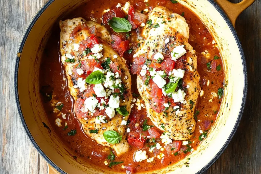 Creamy Tomato Chicken with Feta in a skillet topped with fresh herbs and crumbled cheese
