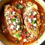 Creamy Tomato Chicken with Feta in a skillet topped with fresh herbs and crumbled cheese