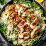Melt In Your Mouth Caesar Chicken served over quinoa and spinach, drizzled with creamy Caesar dressing and sprinkled with Parmesan.