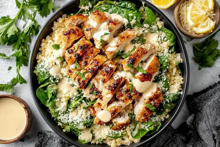 Melt In Your Mouth Caesar Chicken served over quinoa and spinach, drizzled with creamy Caesar dressing and sprinkled with Parmesan.