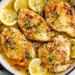 Golden crispy chicken breasts in lemon butter sauce — a delicious and easy Lemon Chicken Recipe served in a white skillet.